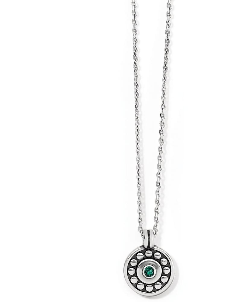 Front of a size O/S Pebble Dot Medali Petite Reversible Birthstone Necklace in May Emerald in May Emerald by Brighton. | dia_product_style_image_id:331328